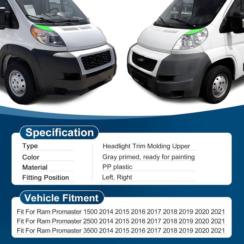 Copgge Pair Headlight Bezel Headlight Filler Upper Panel Plastic Trim Molding Gray Driver Passenger Side Fits for Ram Promaster 1500 2500 3500 Cargo Van 2014 2015 2016 2017 2018 2019 2020 2021 2022 - Image 3